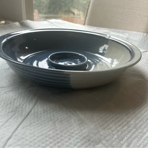 Art Studio Pottery Ceramic Serving Dish with Bowl Chip Dip Appetizer Blue Signed